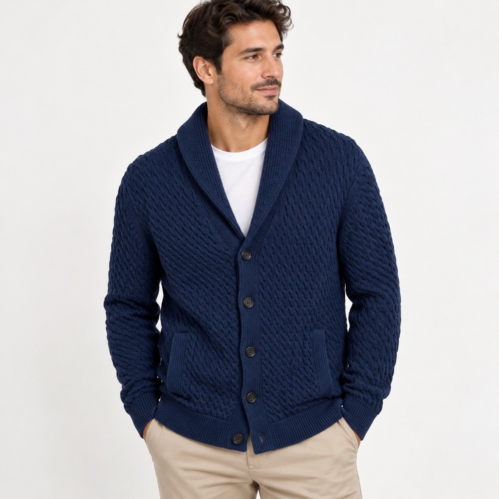 Banana Republic Cotton Slub Cardigan Mens Large Blue Shawl Collar Cable Knit EUC